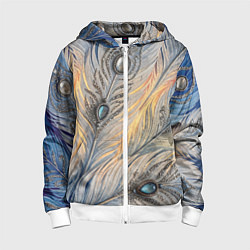 Толстовка на молнии детская Синие перья с самоцветами, цвет: 3D-белый