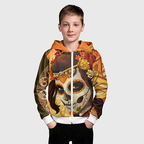Детская толстовка на молнии Девушка. Сахарный череп / 3D-Белый – фото 3