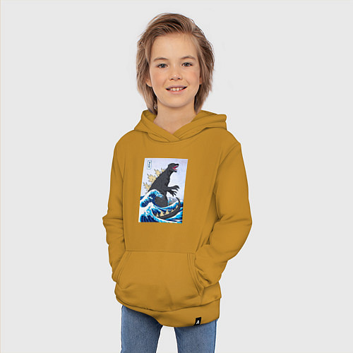 Детская толстовка-худи Godzilla in The Waves Eastern / Горчичный – фото 3