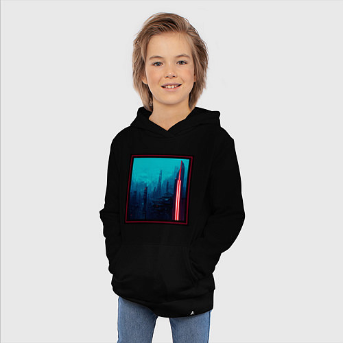 Детская толстовка-худи Неоновый город будущего / Черный – фото 3