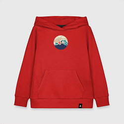Толстовка детская хлопковая Большие океанские волны и силуэт острова на закате, цвет: красный