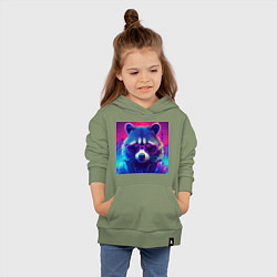 Толстовка детская хлопковая Енот в очках и куртке на фоне неонового киберпанк-, цвет: авокадо — фото 2