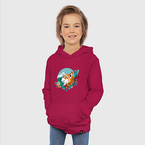 Детская толстовка-худи Лиса и горы среди цветов / Маджента – фото 3