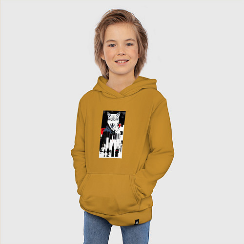 Детская толстовка-худи Волчара в мегаполисе - нейроарт / Горчичный – фото 3