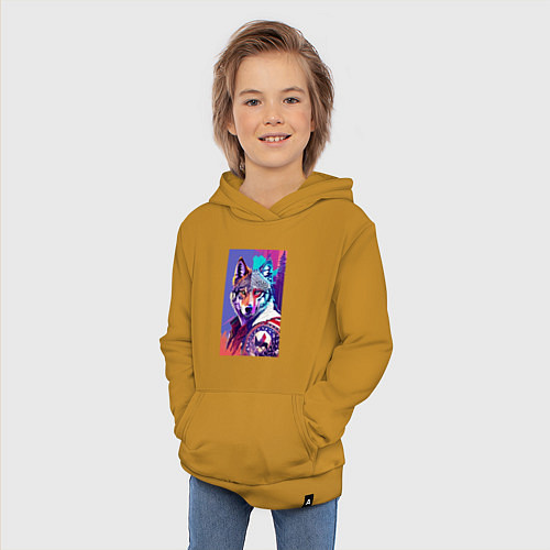 Детская толстовка-худи Стилизованный волк - поп-арт / Горчичный – фото 3