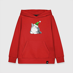 Толстовка детская хлопковая Котик в зеленой новогодней шапке, цвет: красный