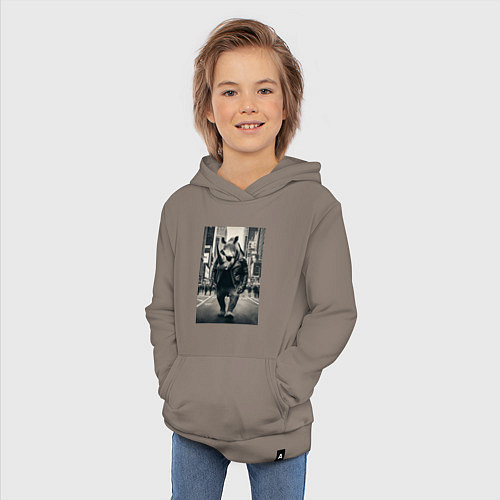 Детская толстовка-худи Могучий носорог житель Нью-Йорка - нейросеть / Утренний латте – фото 3