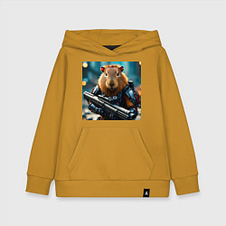 Толстовка детская хлопковая Мем вооруженная капибара и автомат, цвет: горчичный