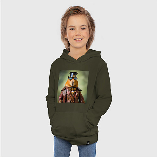 Детская толстовка-худи Мем капибара в очках в стиле стимпанк / Хаки – фото 3