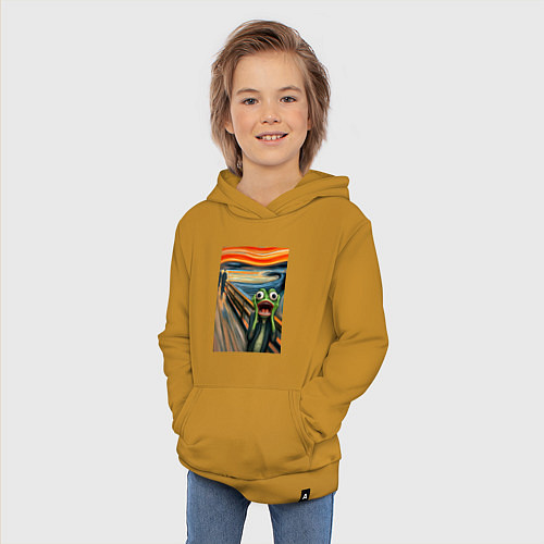 Детская толстовка-худи Лягушка кричит - мем нейросеть / Горчичный – фото 3