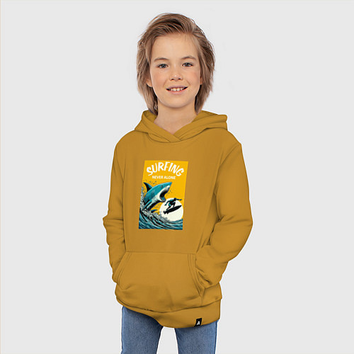 Детская толстовка-худи Акула и серфер - нейросеть / Горчичный – фото 3