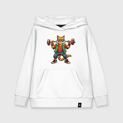 Толстовка детская хлопковая Крутой рыжий кото держит гантель, цвет: белый