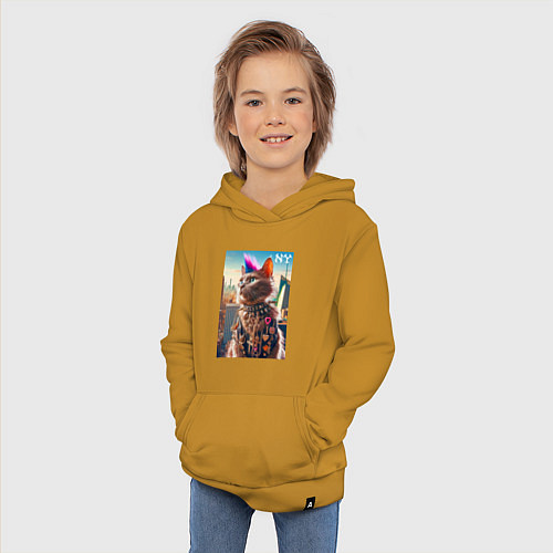 Детская толстовка-худи Funny cat punk from New York - ai art / Горчичный – фото 3