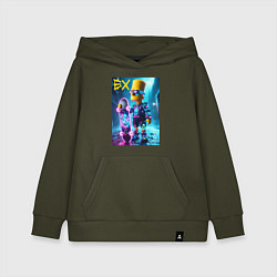Толстовка детская хлопковая Скейтбордист Барт Симпсон в ночном городе под дожд, цвет: хаки