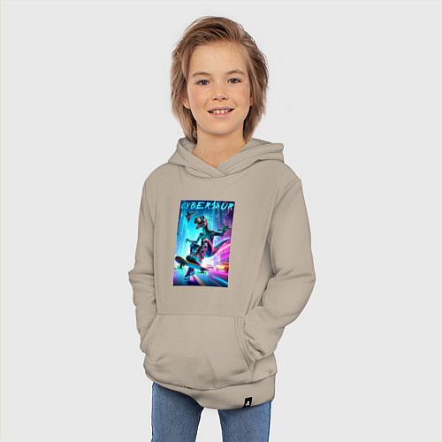Детская толстовка-худи Cybersaur on a skateboard in metropolis - neon glo / Миндальный – фото 3