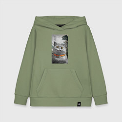 Толстовка детская хлопковая Мемный кот в японском стиле, цвет: авокадо