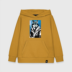 Толстовка детская хлопковая Волк в мегаполисе - нейроарт, цвет: горчичный