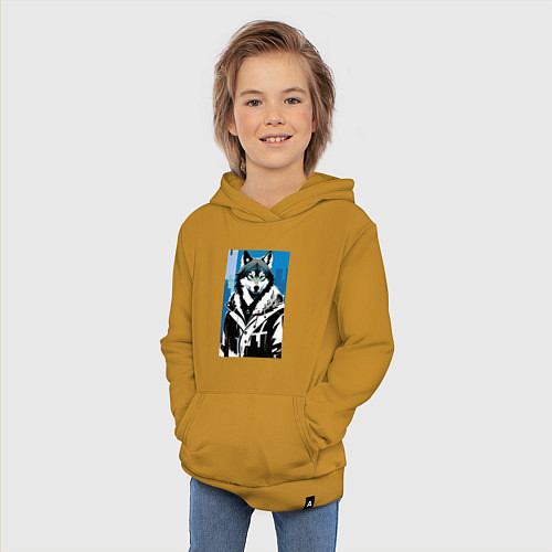 Детская толстовка-худи Волк в мегаполисе - нейроарт / Горчичный – фото 3