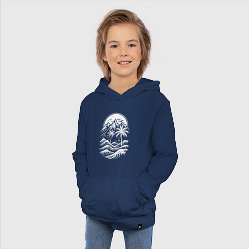 Детская толстовка-худи Тропический закат: горы, пальмы и море / Тёмно-синий – фото 3