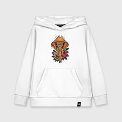 Толстовка детская хлопковая Слон на фоне солнца с розами в стиле тату, цвет: белый