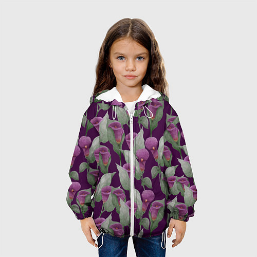 Детская куртка Фиолетовые каллы на темно фиолетовом фоне / 3D-Белый – фото 3