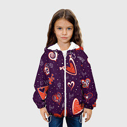 Куртка с капюшоном детская Красно-белые сердечки и слово love на темно фиолет, цвет: 3D-белый — фото 2