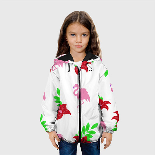 Детская куртка Розовый фламинго с цветами / 3D-Черный – фото 3
