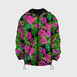 Куртка с капюшоном детская Тропические листья и цветы на черном фоне, цвет: 3D-черный