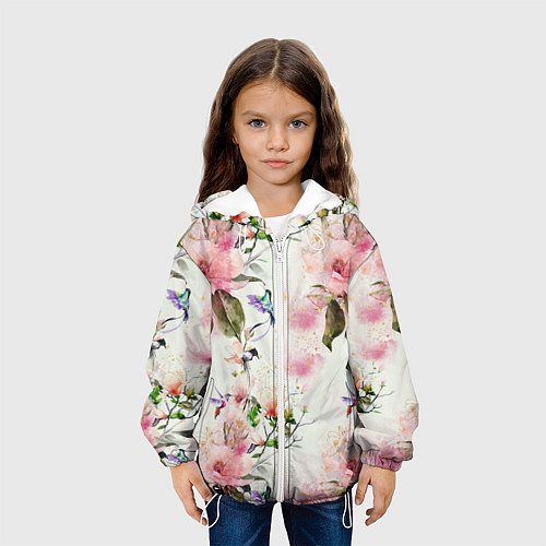 Детская куртка Цветы Нарисованные Магнолии и Разноцветные Птицы / 3D-Белый – фото 3