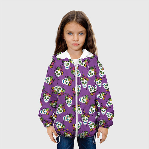 Детская куртка Сахарные черепа на фиолетовом паттерн / 3D-Белый – фото 3