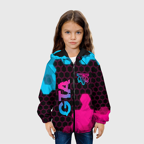 Детская куртка GTA - neon gradient: надпись, символ / 3D-Черный – фото 3