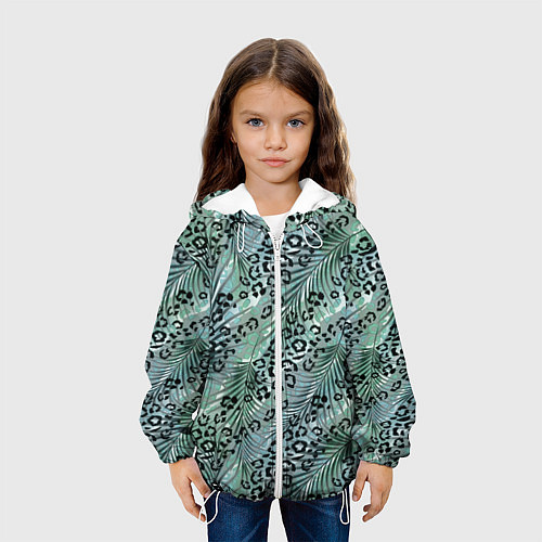 Детская куртка Листья пальмы на леопардовом серо - зеленом фоне / 3D-Белый – фото 3