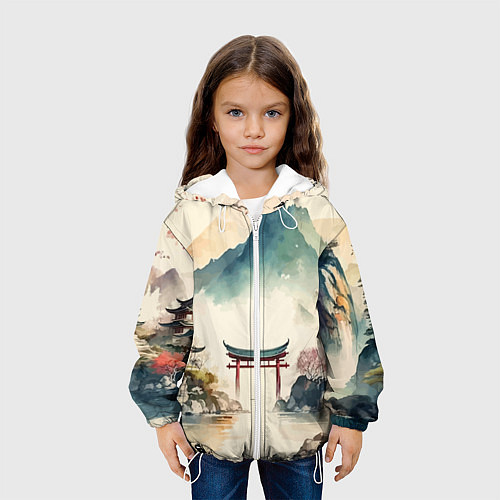 Детская куртка Японский пейзаж - акварель / 3D-Белый – фото 3