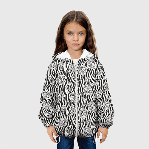 Детская куртка Декоративные цветы на фоне зебры / 3D-Белый – фото 3