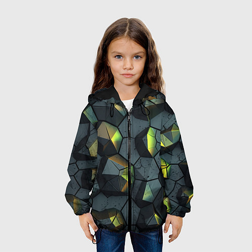 Детская куртка Черная текстура с зелеными камнями / 3D-Черный – фото 3