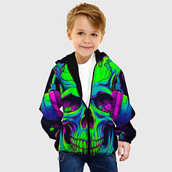 Куртка с капюшоном детская Ярко кислотный череп в наушниках, цвет: 3D-черный — фото 2