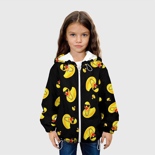 Детская куртка Жёлтая уточка в в темных очках и цепочке на черном / 3D-Белый – фото 3