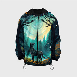 Куртка с капюшоном детская Волк в ночном лесу фолк-арт, цвет: 3D-черный