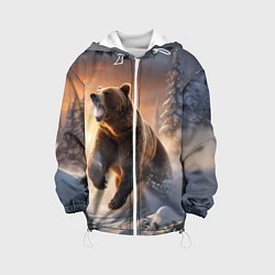 Куртка с капюшоном детская Бурый медведь в лесу, цвет: 3D-белый