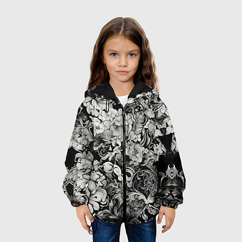 Детская куртка Чёрно белый цветочны узор / 3D-Черный – фото 3