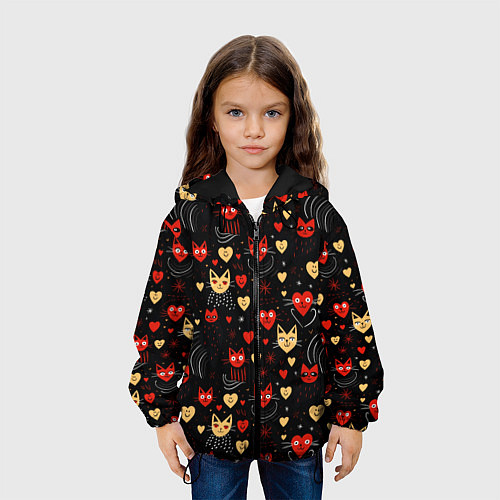 Детская куртка Паттерн с сердечками и котами валентинка / 3D-Черный – фото 3