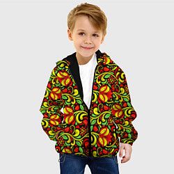 Куртка с капюшоном детская Хохломская роспись красные цветы и ягоды, цвет: 3D-черный — фото 2