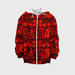 Куртка с капюшоном детская Хохломская роспись красные цветы и ягоды на чёрном, цвет: 3D-белый