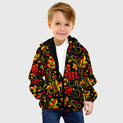 Куртка с капюшоном детская Хохломская роспись золотистые листья чёрном фоне, цвет: 3D-черный — фото 2