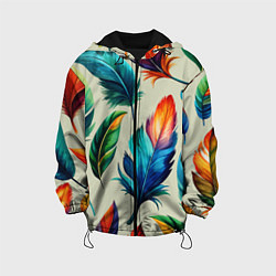 Куртка с капюшоном детская Разноцветные перья тропических птиц, цвет: 3D-черный