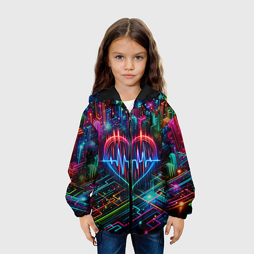 Детская куртка Неоновое сердце - кардиограмма / 3D-Черный – фото 3