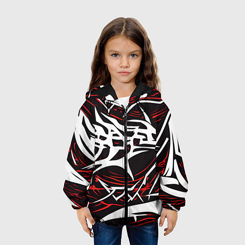 Детская куртка Белые и красные агрессивные линии на чёрном фоне / 3D-Черный – фото 3