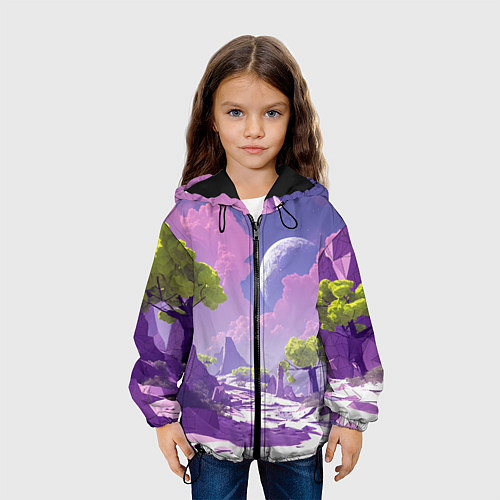 Детская куртка Фиолетовые горы зеленые деревья и космос / 3D-Черный – фото 3
