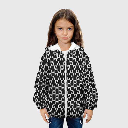 Детская куртка Чёрно-белые ромбы и круги на чёрном фоне / 3D-Белый – фото 3