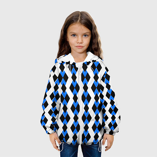 Детская куртка Чёрные и синие ромбы на белом фоне / 3D-Белый – фото 3